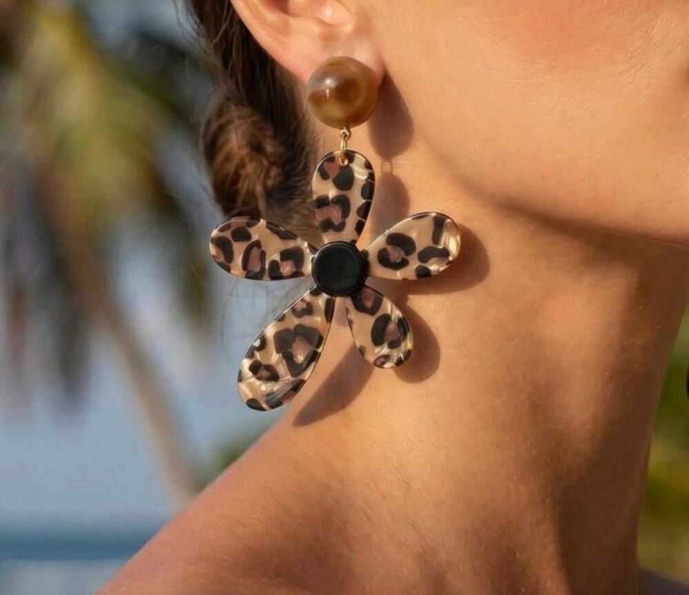 Pierced 3" gold, brown and black animal print plastic flower earrings